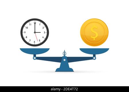 Time is money on scales icon. Money and time balance on scale. Vector stock illustration. Stock Vector