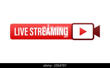 Live streaming flat logo - red vector design element with play button. Vector illustration Stock Vector
