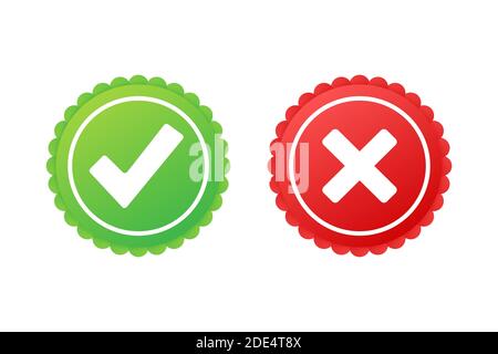 Tick and cross signs. Green checkmark OK and red X icon. Symbols YES and NO button for vote. Vector stock illustration Stock Vector
