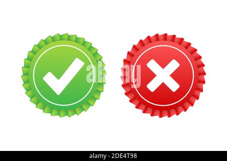 Tick and cross signs. Green checkmark OK and red X icon. Symbols YES and NO button for vote. Vector stock illustration Stock Vector