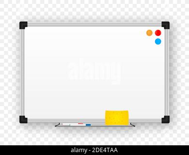 Realistic office Whiteboard. Empty whiteboard with marker pens. Vector stock illustration. Stock Vector