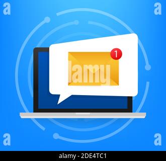 Laptop with browser and envelope vector illustration, symbol of email receiving, service, notification. Vector illustration. Stock Vector