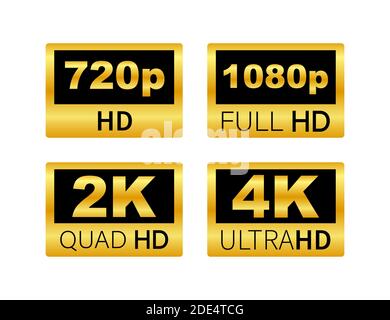 Video dimension labels. Video resolution 720, 1080, 2k, 4k, badges. Quality design element. Vector stock illustration. Stock Vector