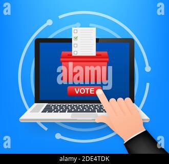 Hand puts vote bulletin into vote box. Voting concept. Ballot box. Vector stock illustration. Stock Vector