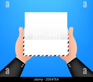 Air mail envelope with postal stamp isolated on white background. Vector illustration. Stock Vector