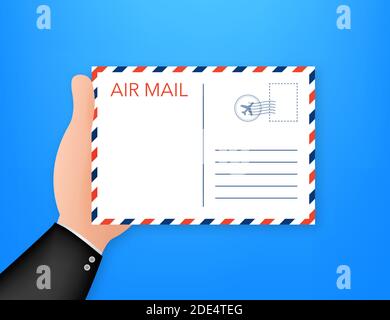 Air mail envelope with postal stamp isolated on white background. Vector illustration. Stock Vector
