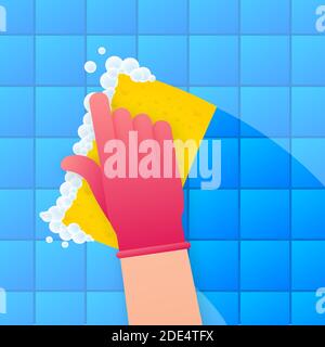 Dishwashing, washing dishes. Dishwashing liquid, dishes and yellow sponge. Vector stock illustration Stock Vector