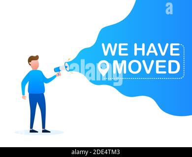 Hand holding megaphone - We have moved. Vector stock illustration. Stock Vector