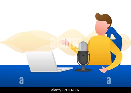 A man is doing live podcasts on his laptop. Live streaming, broadcast flat. Vector stock illustration. Stock Vector