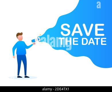 Save the date. Badge, mark on megaphone. Flat vector stock illustrations on white background. Stock Vector