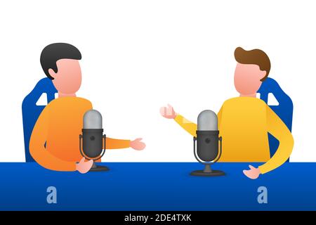 A man is doing live podcasts on his laptop. Live streaming, broadcast flat. Vector stock illustration. Stock Vector
