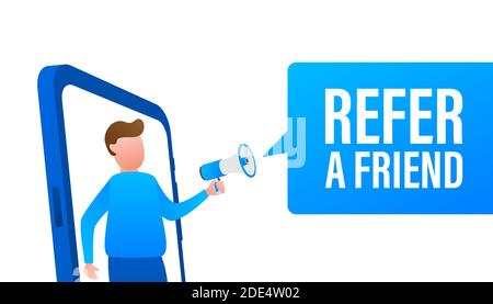 Refer a friend, megaphone no smartphone screen. Can be used for business concept. Vector stock illustration. Stock Vector