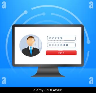 Login page on laptop screen. Notebook and online login form, sign in page. User profile, access to account concepts. Vector illustration. Stock Vector