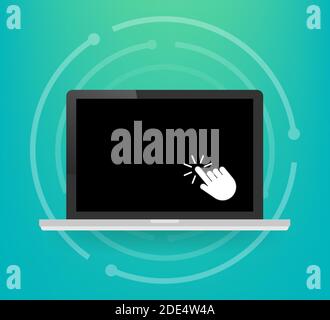 Laptop with cursor. Computer or search click arrow for website. Vector stock illustration Stock Vector