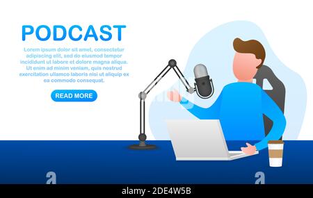 A man is doing live podcasts on his laptop. Live streaming, broadcast flat. Vector stock illustration. Stock Vector