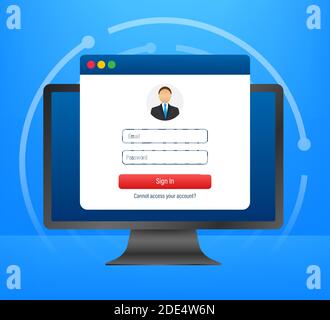 Login page on laptop screen. Notebook and online login form, sign in page. User profile, access to account concepts. Vector illustration. Stock Vector