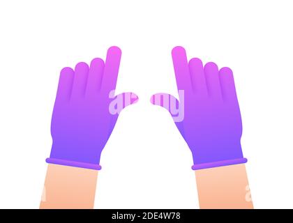 Hands putting on protective pinc gloves. Latex gloves. Vector stock illustration. Stock Vector
