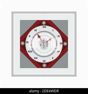 Image of a square shape, roman numeral, wall clock, vector graphic design in red and white color. Stock Vector