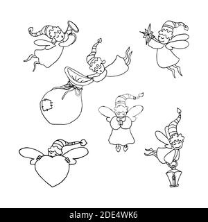 https://l450v.alamy.com/450v/2de4wk6/vector-illustration-of-a-set-of-christmas-angels-with-a-bag-of-gifts-horn-star-and-lantern-hand-drawing-funny-angels-2de4wk6.jpg