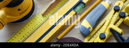 On table are new tools carpenter and designer Stock Photo