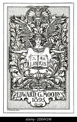 Bookplate design for Edward G Moody, 1895 line illustration by George Richard (GR) Quested from 1896 The Studio Magazine Stock Photo