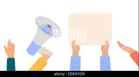 Hands holding blank placard, megaphone, protests banners and empty hand isolated on white background. Vector Illustration EPS10 Stock Vector