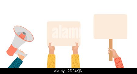 People Hands holding blank placard, protests banners, empty vote signs. Vector Illustration EPS10 Stock Vector