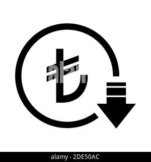 Turkish lira reduction symbol, cost decrease icon. Reduce debt bussiness sign vector illustration . Stock Vector