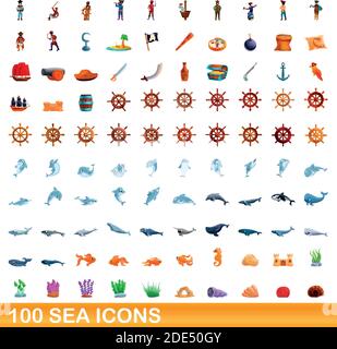 100 sea icons set. Cartoon illustration of 100 sea icons vector set isolated on white background Stock Vector