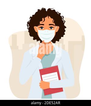 Female doctor in a medical mask. Against the background of an abstract city. Indicates a mask. Illustration in flat style Stock Vector