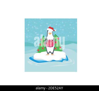 Penguin with Christmas gift - funny card Stock Vector