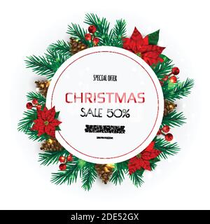 Christmas wreath with pine branches, berries, Christmas flowers and other holiday elements Stock Vector