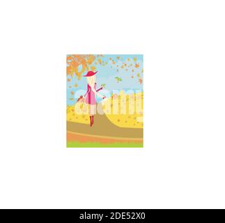 Girl feeds the birds in autumn day Stock Vector