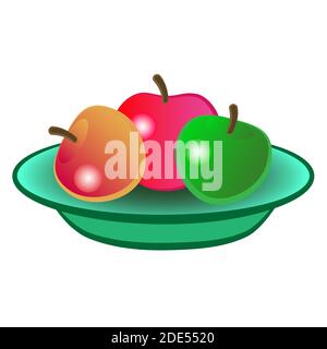 Three ripe apples of different colors lie on a platter isolated on a white background. Stock Vector