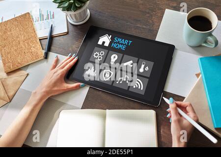Smart home concept, control panel software on device screen Stock Photo