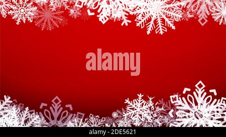 Vector Heavy Snowfall, Snowflakes in Various Shapes and Forms. Many White Cold Flakes Elements Onfestive Red Background. White Snowflakes Fly in The Stock Vector