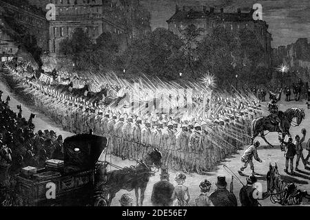 New York. Electric light parade on October 31, 1884, Edison's experiment. Antique illustratiom. 1884. Stock Photo