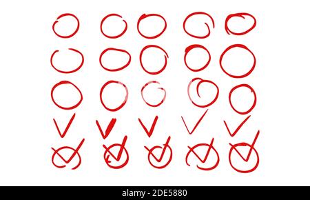Set of hand drawn highlight red circles and check mark icons. Decorative design elements collection. Vector illustratiob collection circles and mark c Stock Vector