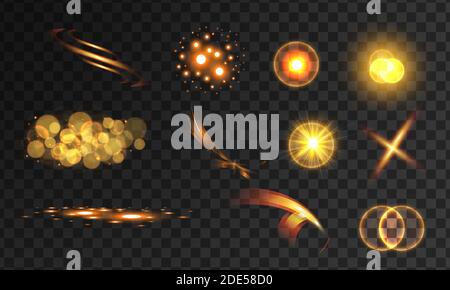Collection of light effects isolated on black background. Abstract special effects light glowing energy. Vector illustration set Stock Vector