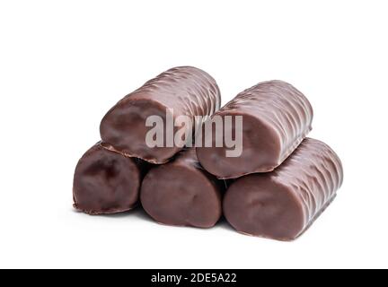 Chocolate  sponge cake covered with milk chocolate isolated on white Stock Photo