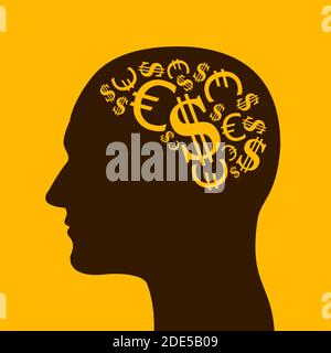 Economist, banker, investor or greed person - man is thinking about money, wealth and finance. Vector illustration of head. Symbol of euro and US doll Stock Photo