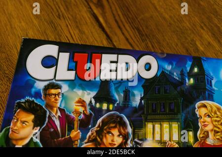 Durham, UK - 5 April 2020: Cluedo is a classic murder mystery detective board game first manufactured by Waddington's, currently owned by Hasbro. Crim Stock Photo