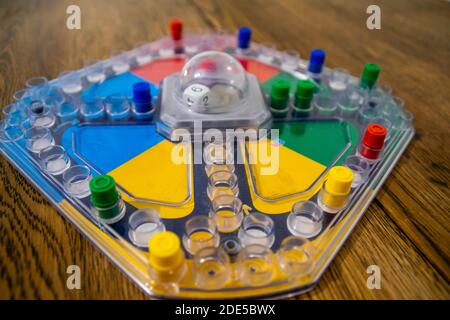 Durham, UK - 5 April 2020: Frustration (also known as Trouble and  Kimble) is a family fun board game  in which players compete to be the first to sen Stock Photo