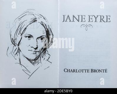 Jane Eyre book - novel by Charlotte Bronte. Title page and drawing of the author. Stock Photo