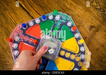 Durham, UK - 5 April 2020: Frustration (also known as Trouble and  Kimble) is a family fun board game  in which players compete to be the first to sen Stock Photo