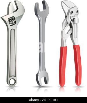 3d realistic vector collection of plumber master instruments, spanner, wrench. Isolated on white background. Stock Vector