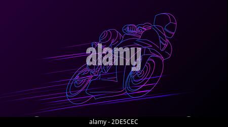 Linear illustration of sport motocycle with driver moving on high speed leaving neon lights track behind, dark backdrop with line graphic Stock Vector
