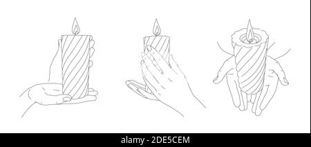 illustration of human hands holding candel, line graphic vector isolated on white background. Set of three position views Stock Vector