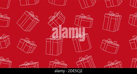 Seamless pattern with linear 3d gift boxes illustrations, red backdrop with white line Stock Vector