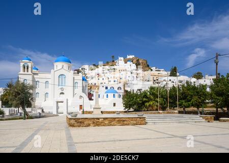 Cathedral Church of Ios at the main square of the town of Chora on Ios Island. Cyclades, Greece Stock Photo